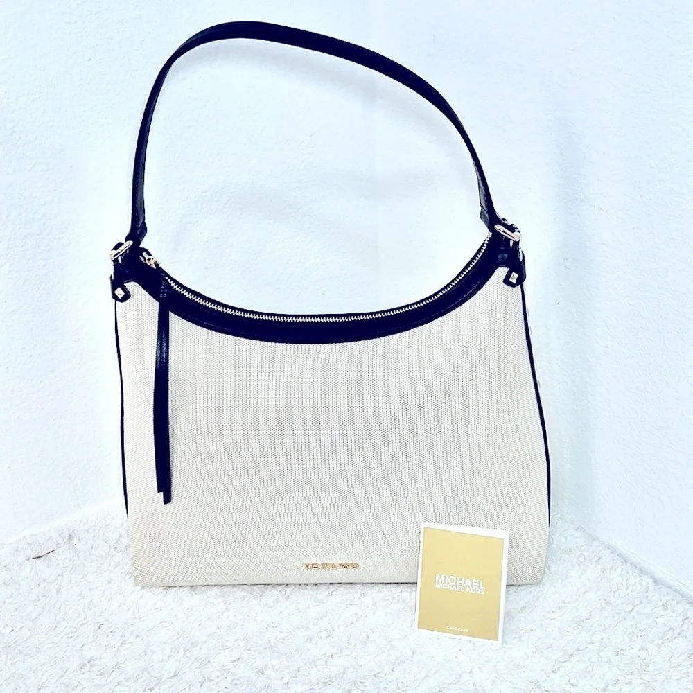 NEW $358 Michael Kors Maeve Large Hobo Bag‎ Cream Beige Black Canavas Leather